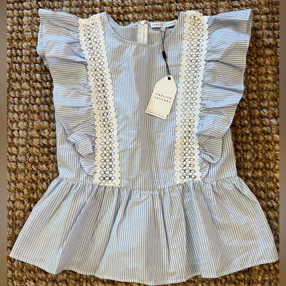 English Factory Women’s blue/white striped top with lace detail/ruffle SZ S NWT